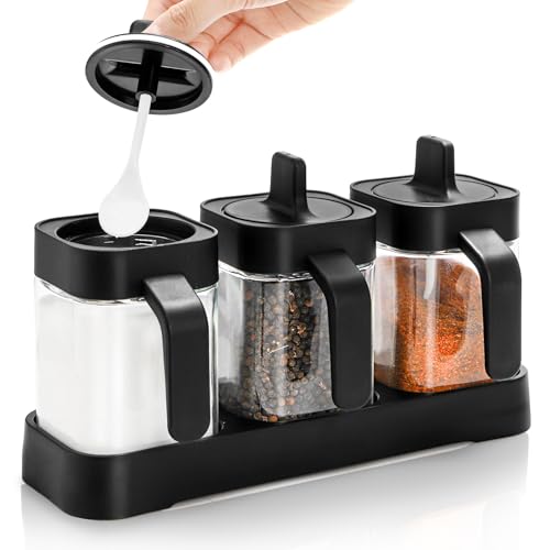 Mezchi Set of 3 Condiment Jar with Tray, 13.5 OZ Spice Container with Lids and Spoons, Glass Condiment Salt and Sugar Container Sets, Kitchen Seasoning Box for Salt Pepper Sugar Storage, Black