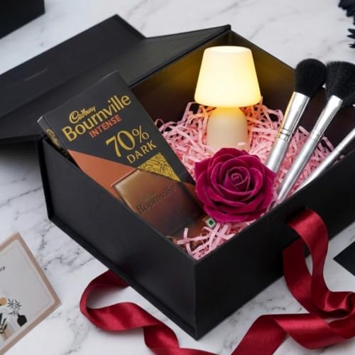 Image of Awestuffs Premium Black Gift Box with Red Ribbon, Reusable Gift Packaging Box (26 x 26 x 11 cm) for Gift Hampers, Weddings, Birthdays, Anniversaries, Festivals & Corporate Gifting (Set of 1)