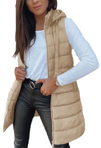 Veatzaer Women Long Vest Solid Color Sleeveless Hood Winter Puffer Vest Outwear