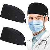 ABAMERICA Working Caps with Button and Sweatband, Adjustable Working Hats for Women Men, One Size(Tie Back or Toggle) (2 Pack: Tie Back-Black & Black)