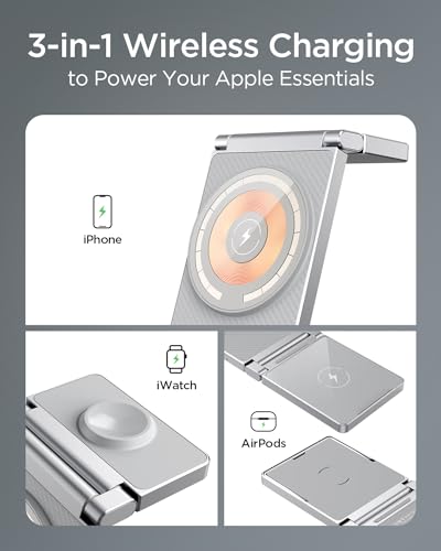 Image of Magnetic Charging Station,Hohosb 3 in 1 Foldable Zinc Alloy Wireless Charger Stand[Compatible with Magsafe Charger] for iPhone 15 /14 /13 /12 Series,AirPods Pro /3 /2,Apple Watch /iWatch(Titanium Grey)