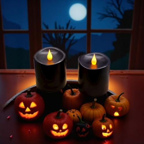Image of Black Flameless LED Candles 3 inch Diameter Real Wax 2AA Battery Operated 600hr+ Flickering Candles with Timer Remote Control for Halloween Thanksgiving Christmas Indoor (Black, 3″x3″- 2 PCS)