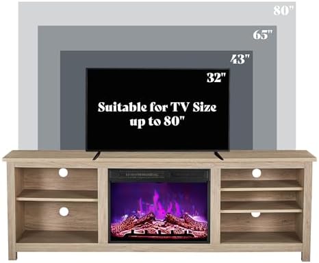 AMERLIFE Fireplace TV Stand, Wood Texture Entertainment Center with 23" Electric Fireplace, Farmhouse Entertainment Stand Media TV Console for TVs Up to 80", 70 inches, Natural Oak - Thumbnail 5