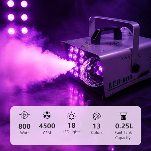 Máquina de Humo con Luz Bola Disco, 800W y 4500CFM con 18 Luces LED de 13 Colores, Control Remoto Inalámbrico miniatura 4