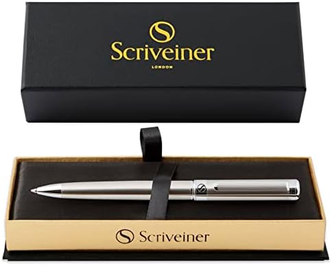 Scriveiner Stainless Steel Ballpoint Pen - Stunning Luxury Pen with Stainless Steel Finish, Schmidt Black Refill, Best Ball Pen Gift Set for Men & Women, Professional, Executive, Office, Nice Pens