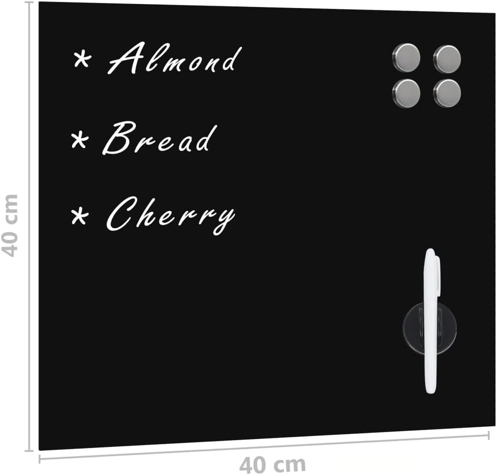 vidaXL Magnetic Wall-Mounted Board with Dry-Erasable Writing Surface, Tempered Glass – Easy to Install, Black Square Notice Board for Home, Office, School – 15.7"x15.7"