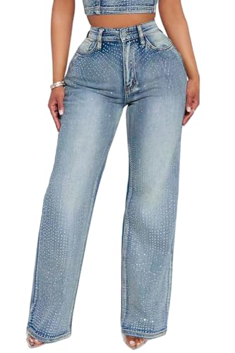 SHINFY Women Rhinestone Jeans Sparkly Straight Wide Leg High Waisted Baggy Y2K Bling Glitter Bedazzled Denim Pants