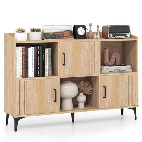 Giantex Storage Cabinet, Sideboard with 3 Doors, 3 Open Compartments, Bookcase with 5 Raised Metal Legs, Buffet Table, Bookshelf, Floor Cabinet for Living Room Display, Dining Room, Entryway, Oak