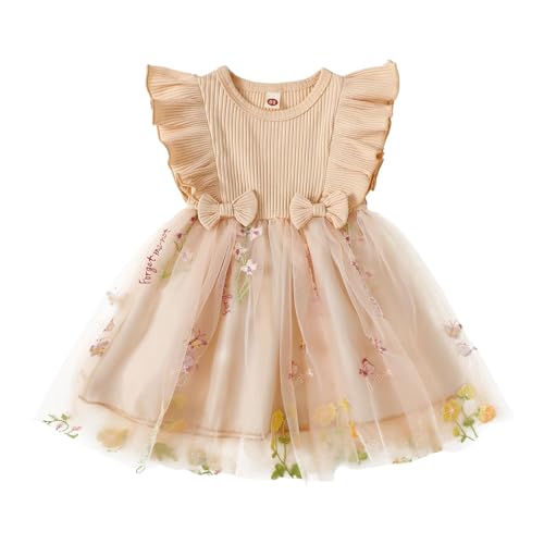 JiAmy Mädchenkleider Rippstrick Tüllkleider Fliegende Ärmel Tüllkleid für Mädchen Kinderkleid mit Blumenstickereimit für 4-5 Jahre,Beige Blume