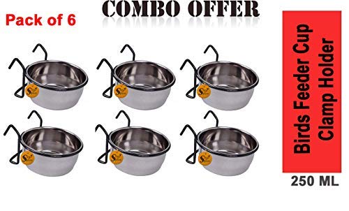 Image of Sage Square Rustproof Stainless Steel Cage Food, Seed, Water Feeder Cum Bowl with Holder clamp for Birds (250ml) (Pack of 6)