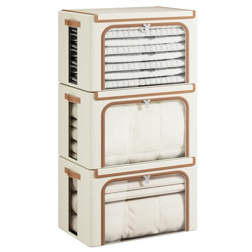 Yecaye Clothes Storage Bins with Metal Frame, Foldable Clothing Storage Bin with Lid, Stackable Oxford Fabric Organizer Box With Clear Window & Zippers & PU Leather Handles (3 Pack,Beige,66L)
