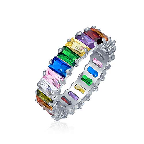 Art Deco Style AAA CZ Emerald Cut LGBTQ Colorful Rainbow Multi Color Cubic Zirconia Eternity Baguette Anniversary Wedding Band Ring For Women Rose Gold 925 Sterling Silver 4MM