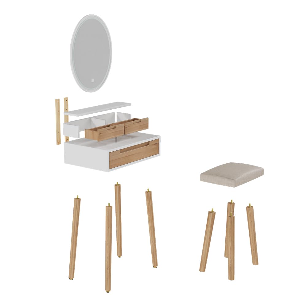 YU YUSING Tocador de Maquillaje con Espejo LED 3 Modos Luz y Taburete 3 Cajones, Mesa Cosmética Multifuncional