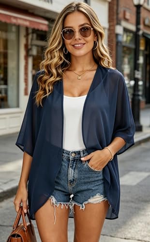 Image of FINOCEANS Womens Floral Chiffon Kimono Cardigans Loose Beach Cover Up Half Sleeve Tops