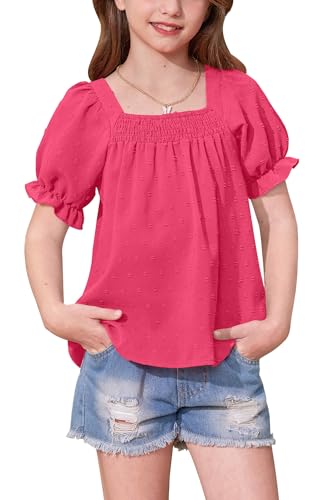 Image of BesserBay Girls Summer Puff Short Sleeve Square Neck Tee Shirts Ruffle Smocked Blouses Cute Swiss Dot Tops 5-14 Years