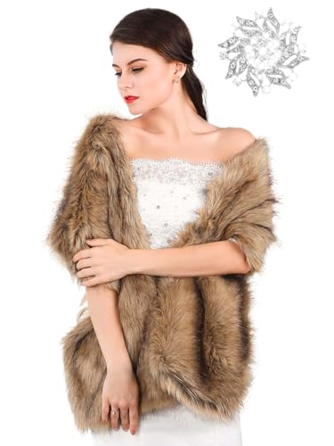 GORAIS Women's Wedding Faux Fur Shawls and Wraps Long Bridal Fur Scarf Stoles with Brooch for Bride and Bridesmaids