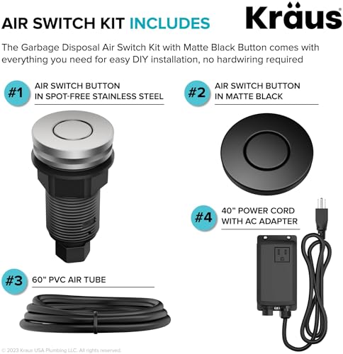 Image of KRAUS Garbage Disposal Air Switch Kit with 2 Flat-Top Push Buttons in Spot-Free Stainless Steel and Matte Black, AC Adapter, Power Cord, and Air Tube Included, KWDA-200MB