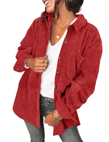 Saslax Womens Corduroy Shirt Long Sleeve Oversized Button Up V Neck Blouses Tops Loose Shacket Jacket with Pockets Red M