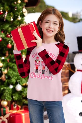 Image of BesserBay Girl's Christmas Buffalo Plaid Raglan Top Funny Holiday Graphic Shirt 4-14 Years