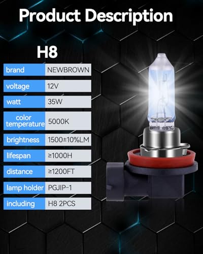 Image of NEWBROWN H8 Bulb H8 Halogen fog light bulb 5000K Super White Light Long Life Replacement PGJI9-1 12V /35W (H8, 2 Pack)