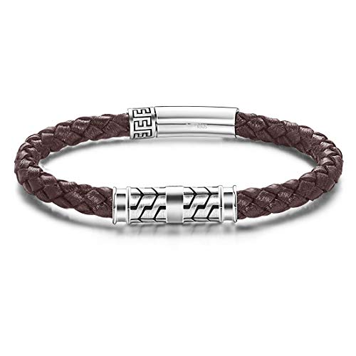 Carleen Destination 925 Sterling Silver Genuine Mens Leather Bracelet Braided Rope Energy Charm Clasp Birthday Gifts for Him, 9