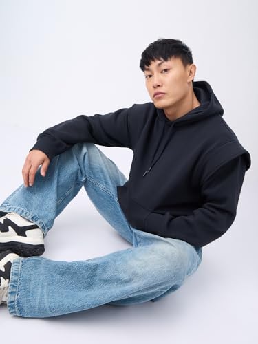 Image of The Souled Store Korean Hoodie: Midnight Men and Boys Long Sleeve Hooded Neck Black Solid Cotton Blend Heavy Fleece Pullover Oversized Hoodie