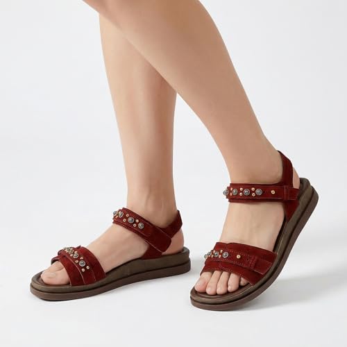 Image of UBFEN Womens Flat Sandals with Adjustable Back Strap, Arch Support | Beaded, Open Toe, Slingback, Casual, Comfortable for Walking, Vacation and Travel