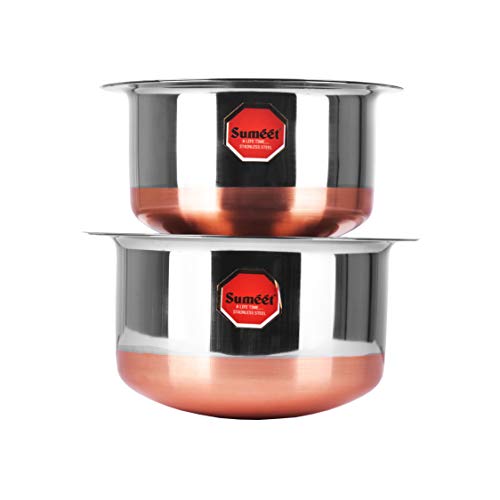 Sumeet Stainless Steel Copper Bottom Cookware/Container/Tope Set Of 2 Pcs With Lids (No. 10-1 Ltr, No. 11-1.4 Ltr)