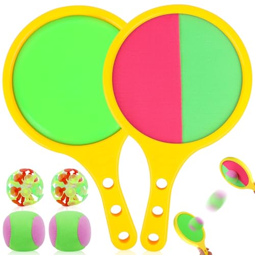 Juego de Lanzar y Atrapar Pelotas Juego de Pelota de Velcro 2 Raquetas y 4 Tipos Bolas Juegos de Bolas Lanzamiento y Captura Toss Catch Ball Juguetes Exterior para Jardín Playa Familia Fiestas