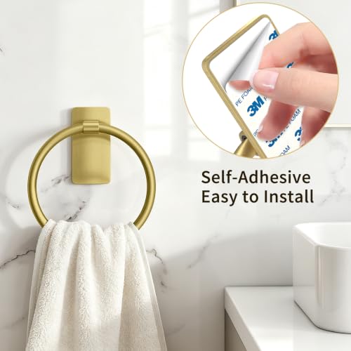 Image of STWWO Gold Towel Ring for Bathroom, Adhesive Hand Towel Holder for Bathroom, Kitchen, No Drill