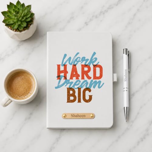 Image of Personalised Diary with Name & Engraved Metal Ball Pen for Men & Women | Customised Hard Board Notebook with 150 Ruled Pages | Custom Diary Pen Gift Set for Employees, Diwali Gifts for Men & Womens Corporate Gifts - Work Hard