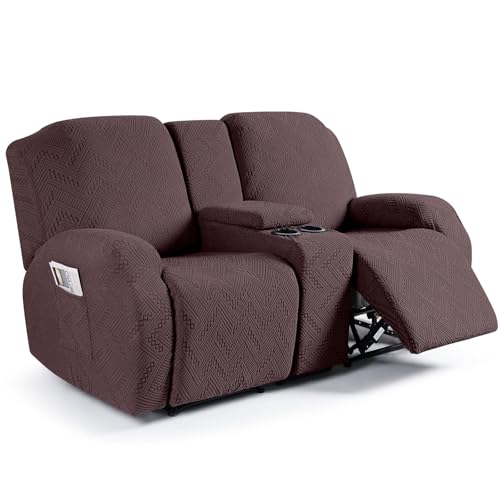 Ruaozz Stretch Loveseat Recliner Covers with Console, 4-Pieces Recliner Sofa Covers with Pockets Jacquard Reclining Couch Covers with Elastic Straps Bottom (2 Seater, Dark Coffee)