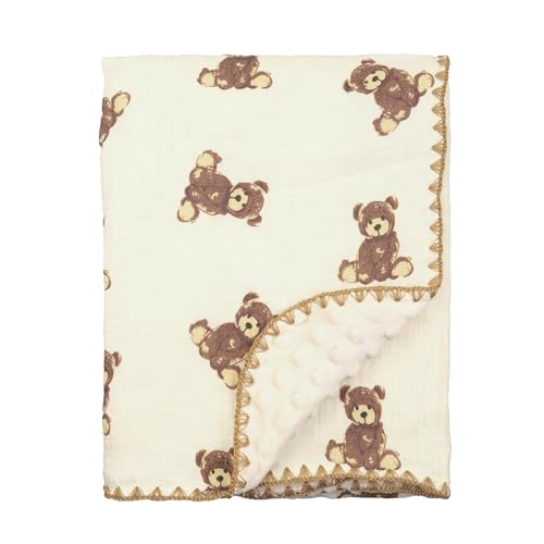 Image of Baby Blanket 40x40 Inches,Muslin Cotton and Minky Dotted Double Layer Soft Receiving Blanket for Newborn Toddler,Cuddle Bear