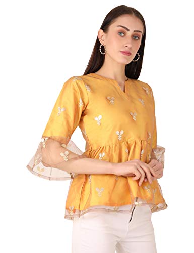 Image of UNFAKENOW Women Trendy Indo Western Casual wear Stylish Going Out Peplum Cotton top Ladies Floral Print Ruffled Plus Size Party net Tunic Long Bell Sleeve Pleated Fancy Nice top