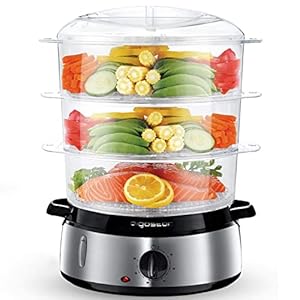 Aigostar 3 Tier Food Steamer, Electric Vegetable Steamer with BPA Free Baskets and Rice Bowl, 9 Litre, Refill While Steaming, Stainless Steel Base, 800W, Energy Saving, Silver