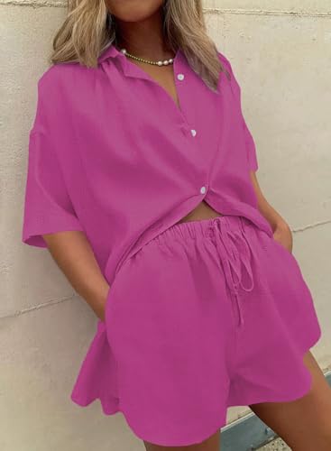 Image of Fixmatti Women 2 Piece Outfits Long Sleeve Button Down Blouse and Shorts Sweatsuit Sets