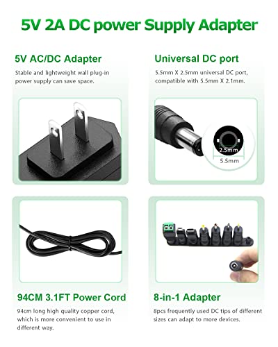 Arkare 5V 2A 10W Dc Power Supply Adapter Ac/Dc Wall Plug Charger Ac 100V-240V To Dc 5 Volt 2Amp 1A 1.5A Replacement Power Cord Usb Type C For Security Camera Baby Monitor Scanner Tv Box Raspberry  #TOP1