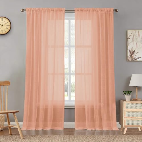 HOMEMONDE Sheer Curtains Window 6 Feet Long Pack of 2 - Linen Textured Transparent Curtain with Rod Pocket Top Style, 72 Inches - Peach