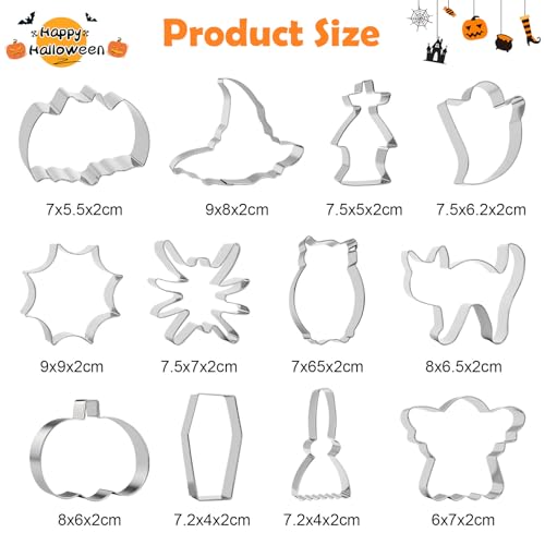 Halloween Cookie Cutters 12 Pieces Biscuit Cutters Halloween Cake Cutters Set Stainless Baking Accessories with Ghost Spider Bat Owl Coffin Pumpkin Witch Hat Elements etc - Image 2