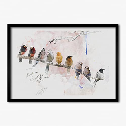 Cadre photo en bois Tulup 70x50 cm contre les murs vides avec affiche d'oiseaux moderne