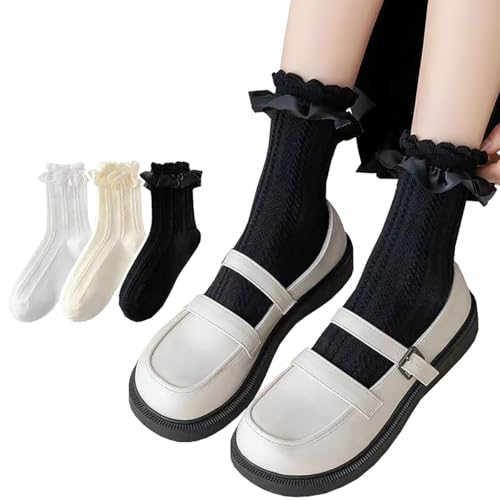 3 Pack Kid Girls Ruffle Lace Trim Princess Dress Socks Casual Comfy Eyelet Frilly Crew Ankle Socks Cute Toddler Girls Socks