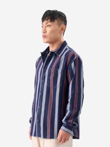Image of The Souled Store Stripes: Blue, Rust Red Men and Boys Long Sleeves Collared Neck Button Front Cotton Relaxed Fit Shirts