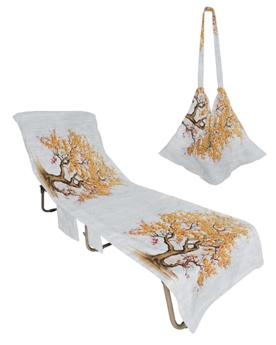Orange Red Tree Beach Lounge Chair Towel Cover, Soft Chaise Lounge Towel with Side Pockets Patio Pool Chairs Cover for Beach/Pool Sunbathing 29x85 Pastoral Botanical Farmhouse