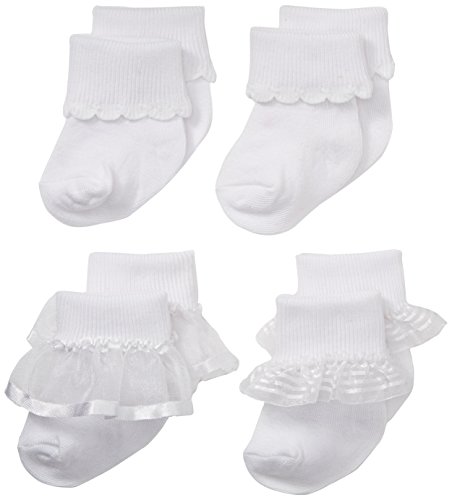 Nuby Baby Girl 4-Pack Infant/Newborn Ruffle Turn Cuff Socks, 0-6 Months, White
