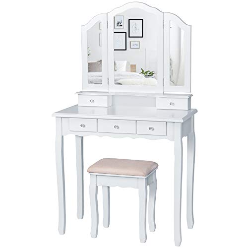 Tiptiper Vanity Set with Cushioned Bench, Makeup Table with Tri-Folding Mirror and 5