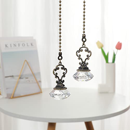 Image of 2pcs Clear Crystal Fan Pull Diamond Drop Vintage Pull Chain Ceiling Pull Bronze Chain Extender with Connector