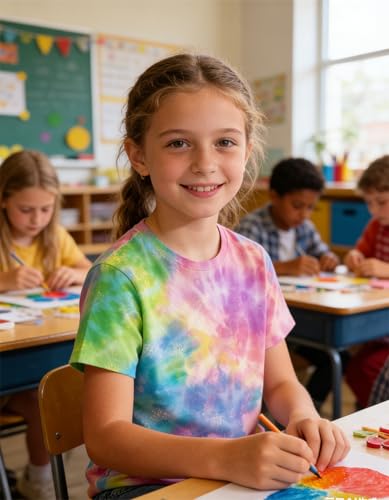Image of SunFoucs Girls Kids Shirts Size 5-12 Tie Dye Casual Tshirt Short Sleeve Crewneck Tee Top | Short Sleeve Rainbow Tee Top