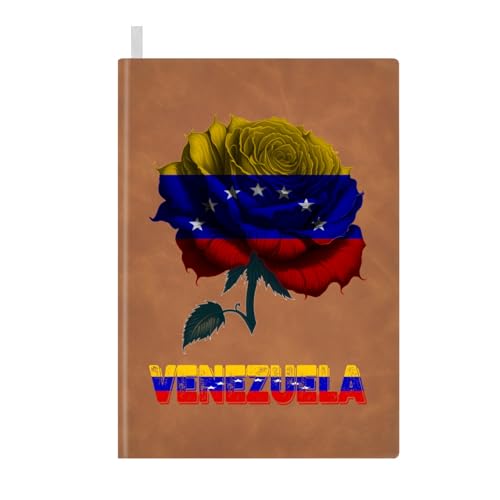 Leather Notebook for Men Women Vintage Venezuela Venezuelan Flag Rose Flower Notepad Lined 100 Pages A5 Ruled Sketchbook Journal for Drawing Writing Note Taking Travel Diary for Business Work College