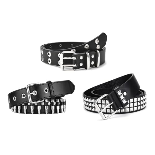 QCWN 3-Pack Y2K Belt Set – Studded Belt with Goth and Punk Rock Accessories Style, Bullet & Square Rivet Designs Essentials for Daily Life & Parties​