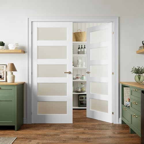 SMARTSTANDARD 5-Panel Frosted Glass Interior Door Slab, (32" x 2) x 80" Slab Door for Pantry Pocket Laundry Bathroom French, Solid Core Pre-Assembled Panel Without Hardware, White (32" x 2) 